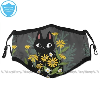 

With Cat Mouth Face Mask Black Cat With Flowers Facial Mask Kawai Cool with 2 Filters for Adult
