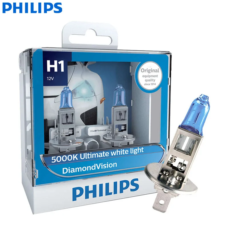 Philips Diamond Vision H1 H4 H7 H8 H11 9005 9006 HB3 HB4 12V DV 5000K холодный белый светодиодный светильник автомобильные галогенные лампы головного светильник противотуманная фара, X2 - Испускаемый цвет: H1
