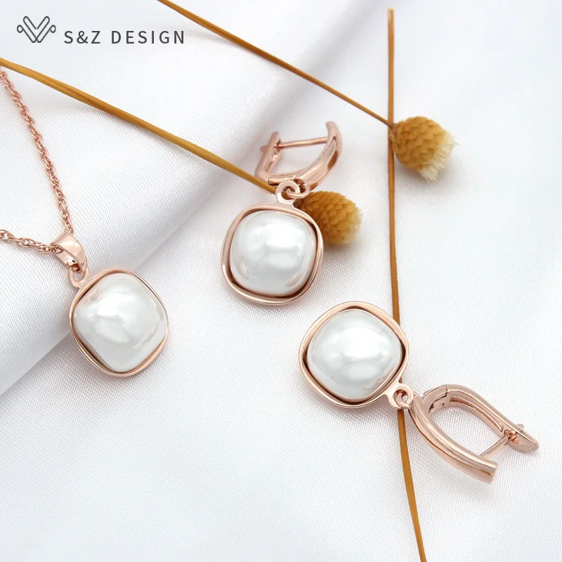 S&Z DESIGN Trendy Red Imitation Square Pearl Dangle Earrings Jewelry Sets For Women Wedding Party Elegant Fine Necklace
