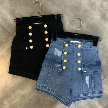 

2020 Spring and Summer High Waist Gold Buttons Hole Jean Shorts Woman Trend Denim Shorts Slim Lady's Hot Pants Blue Black Femme