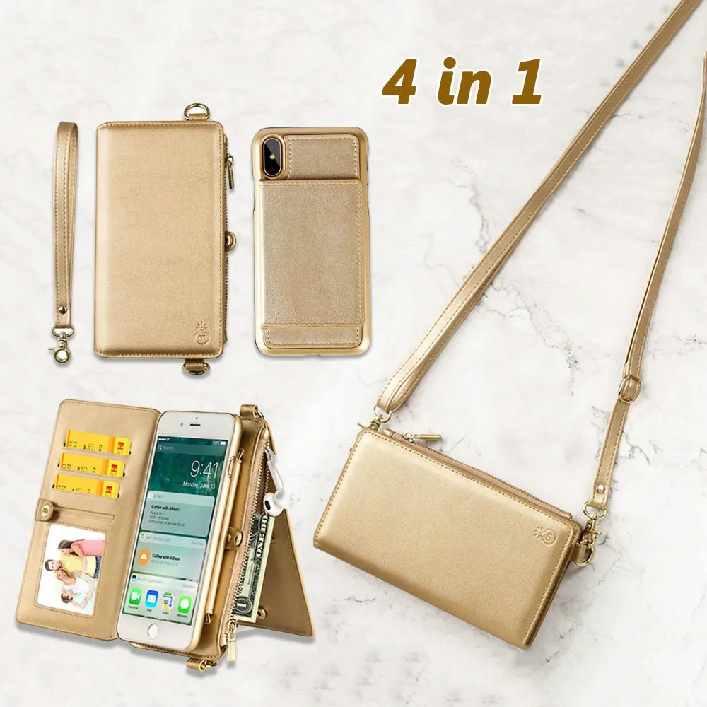 

Handbag Leather Wallet Case for iPhone 11 Pro XR XS Max X 6 7 8Plus Detachable Phone Cover Card Slot Women Shoulder Bag