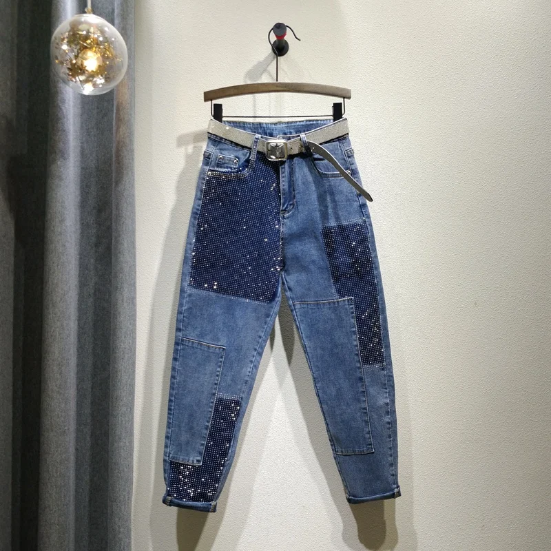 

Loose Women Jeans Heavy Rhinestones Jeans Female 2020 Spring New Fashion Hot Drill Denim Pants Grey Harem Jean Pants