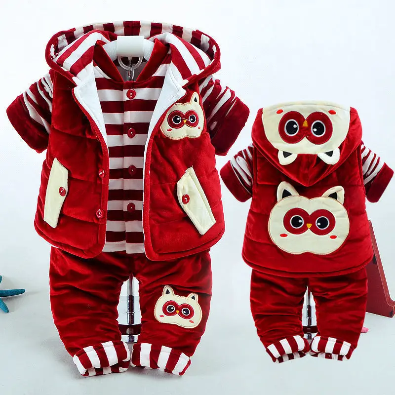 Комплекты зимней одежды для малышей теплый хлопковый костюм для маленьких мальчиков и девочек, плотные толстовки с героями мультфильмов+ Топы+ штаны, 3 предмета