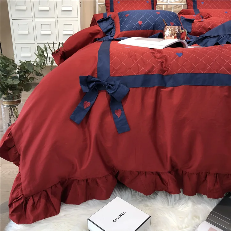 ANNAs Good Stuff Wine Red Quilt Cover 4pcs Bedding Set Egyptian cotton Wedding Article Princess Style Pillow Case Wedding Gifts
