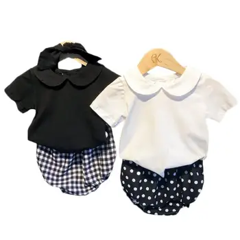 

Summer Baby Girls Clothes Set 3pcs Kids Boy Suit Short Sleeve Tops T-shirt And Big Pp Pants Dot Plaid Shorts With Headband