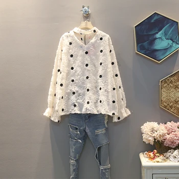 

[EWQ] 2020 Spring Season New Pattern Round Collar Dot Print Patchwork Pullovers Casaul Shirt Fashion Tide Large Size AK49312