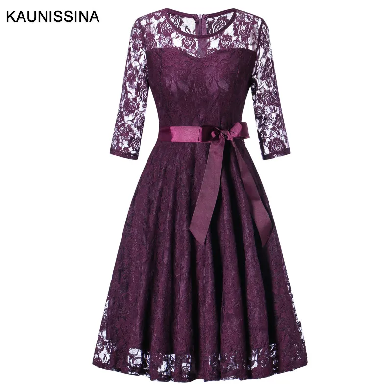 KAUNISSINA, элегантное кружевное коктейльное платье, рукав 3/4, открытое женское платье, халаты, коктейльное платье, платья для выпускного вечера - Цвет: Purple