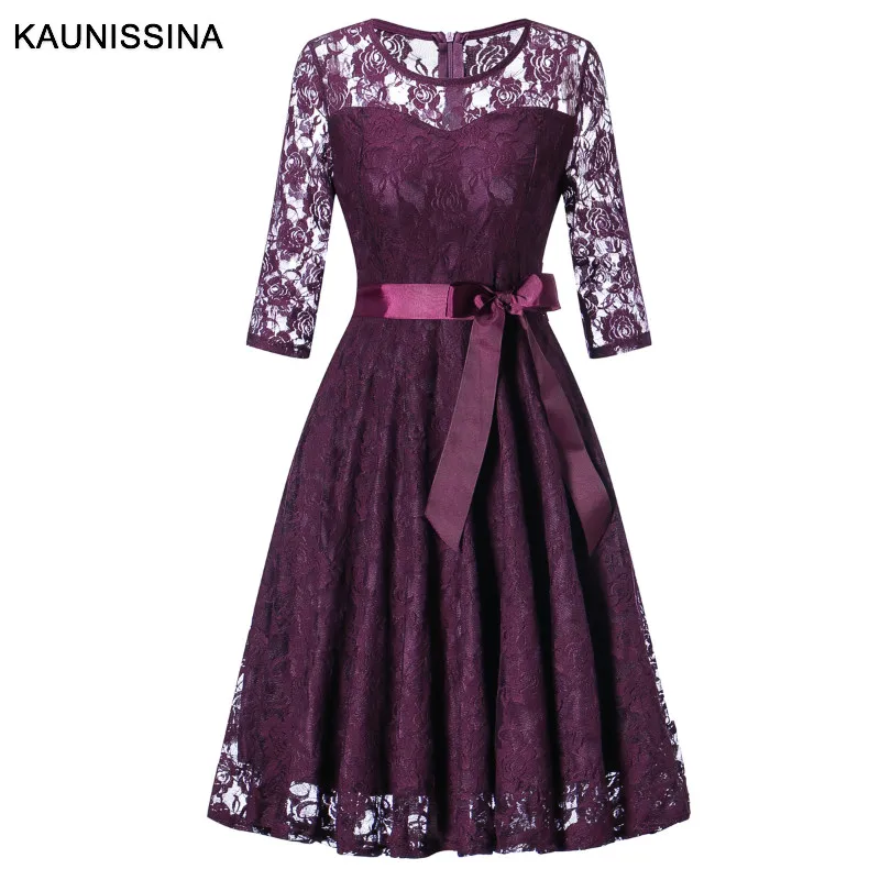 Purple KAUNISSINA, элегантное кружевное коктейльное платье, рукав 3/4, открытое женское платье, халаты, коктейльное платье, платья для выпускного вечера - Цвет: Purple