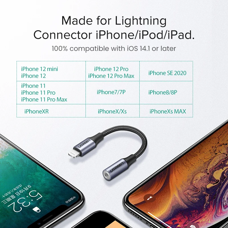UGREEN адаптер для iPhone MFi DAC Lightning на 3,5 мм адаптер для наушников для iPhone 12 11 Pro max xr Aux кабель аксессуары для телефонов (art.: 7af85b121) - 7af85b121