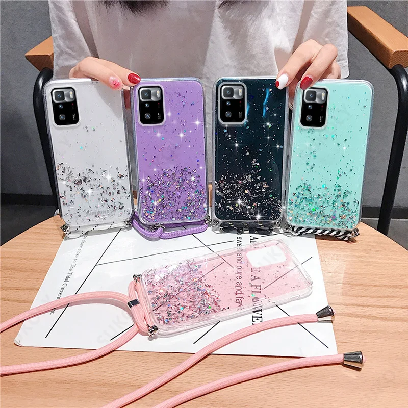 Clear Glitter Lanyard Case Redmi Note 10 Pro Case With Neck Strap Rope Mi 11 Lite 5G NE Mi 11T Pro Poco X3 NFC Redmi Note 11 9 iphone waterproof bag