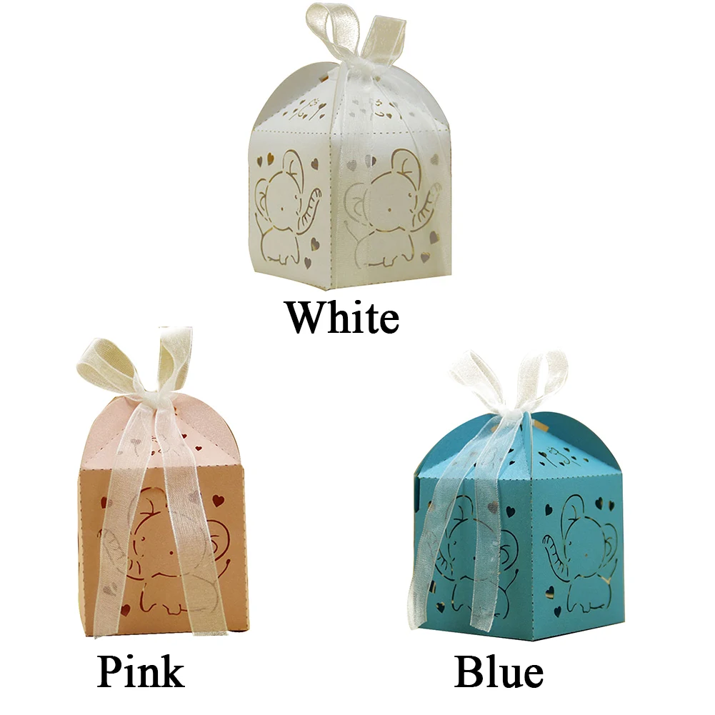 10 Pcs Elephant Gift Pouch Foldable Cute Wedding Paper Decorative Baby Shower Birthday Party Candy Box Hollowed Out With Ribbon