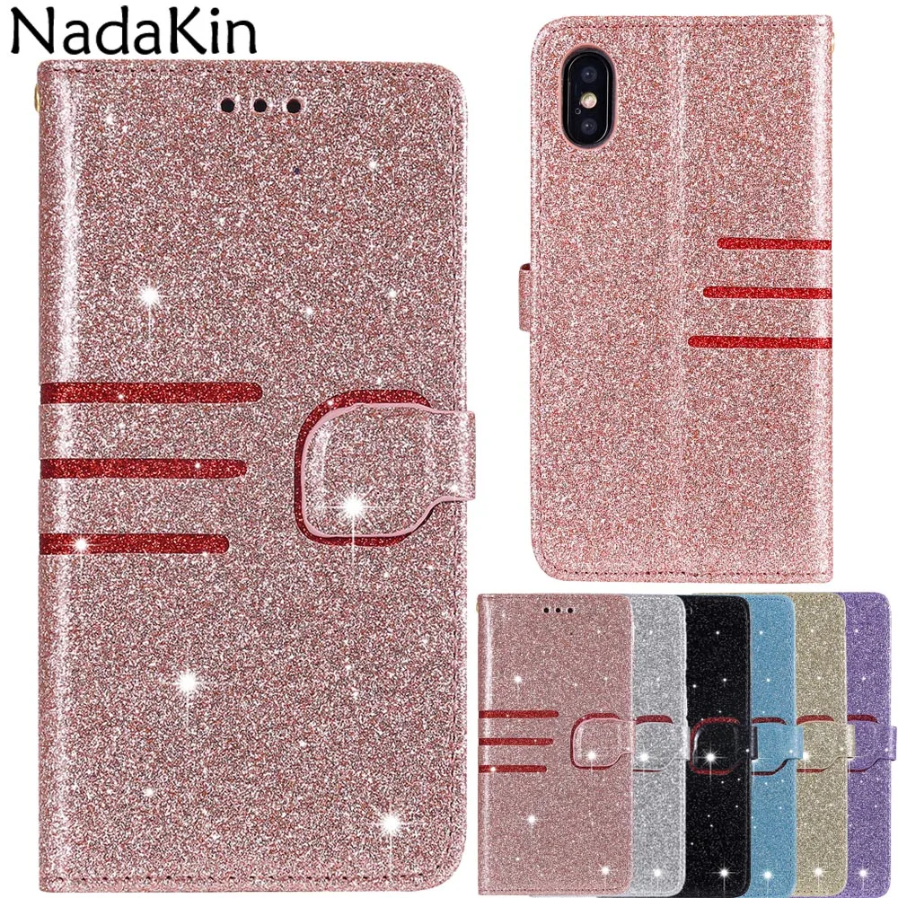 

Luxury Glitter Flip Book Case Shell for iPhone 11 Pro XR X XS MAX 6 6S 7 8 Plus 5 5S SE Phone Cover With Card Slots Landyard