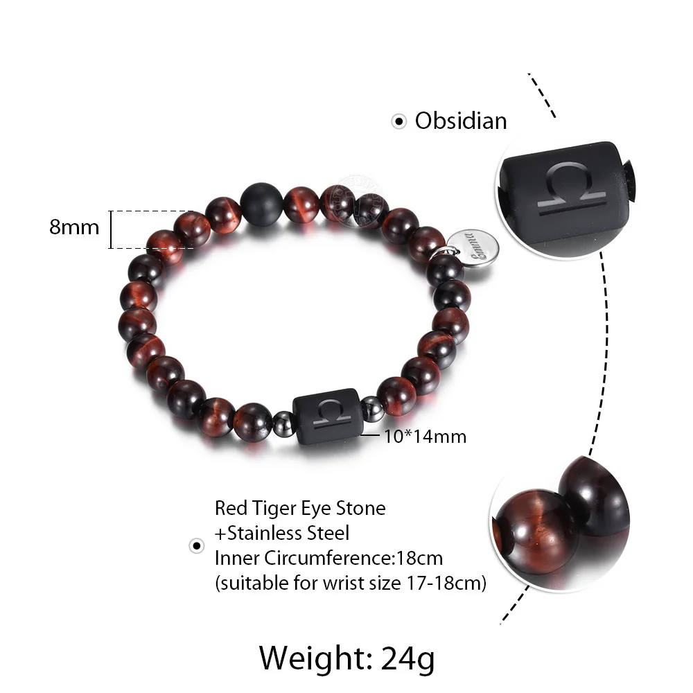 personalized 12 Zodiac Sign Constellation Charm Red Tiger Eye Beaded Bracelet