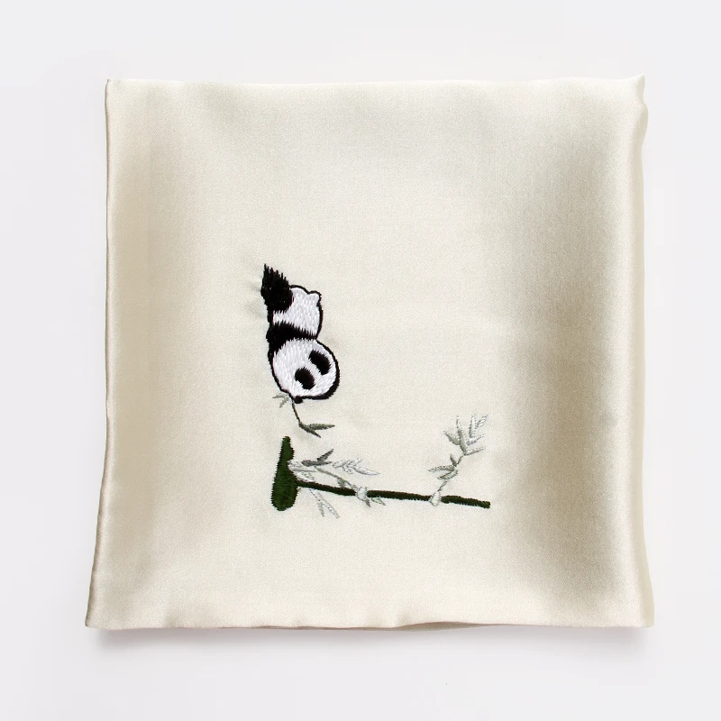  White Embroidery Hankies Scarf Chinese Panda Gift Hangzhou Real Silk Handkerchief Women 100% Silk S