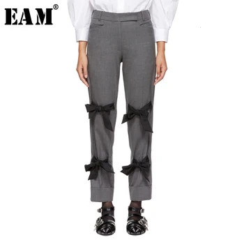 

[EAM] 2020 Spring Woman New Listing Stylish Zipper High Waist Long Spliced Black Bow Long Loose Leisure Pants LD659