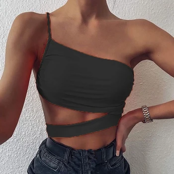 

2020 New Summer Women Short Camis Solid Color Sexy One Shoulder Backless Hollow Out Fashion Strapless Female Tops