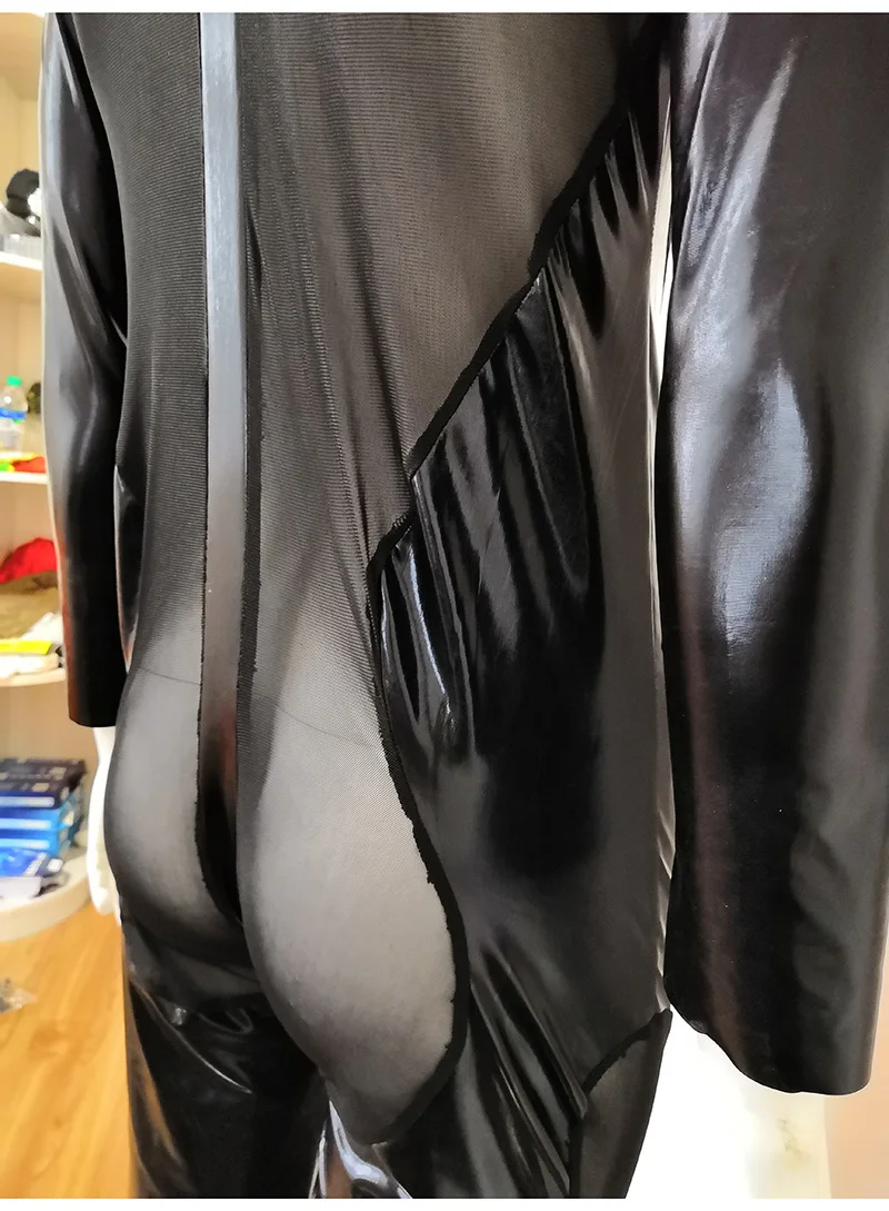 Men Sexy wetlook Lingerie Latex Catsuit Faux Leather Front Zipper Open Crotch Bodysuit Fetish Costume Erotic Body Suit
