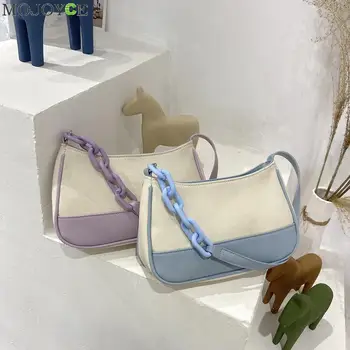 

Youth Ladies Simple Versatile Bag Fashion Hit Color Women Handbag Female Canvas PU Splicing Underarm Shoulder Bag