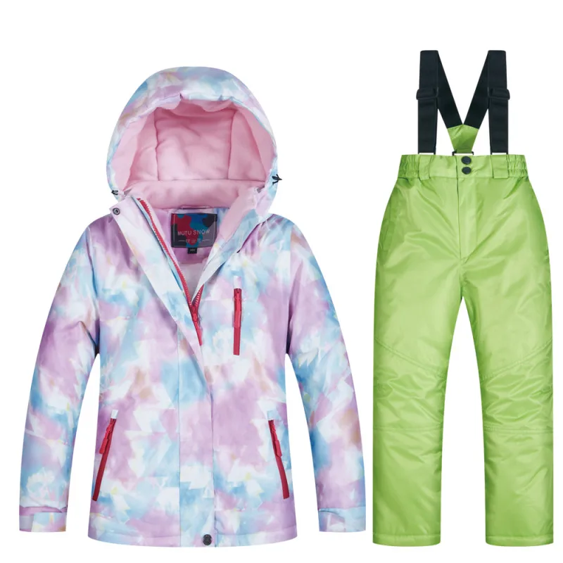 Плотный теплый лыжный костюм детский комплект из куртки и штанов для катания на лыжах и сноуборде, высококачественные комбинезоны для сноуборда детские лыжные штаны - Цвет: Coat and Green
