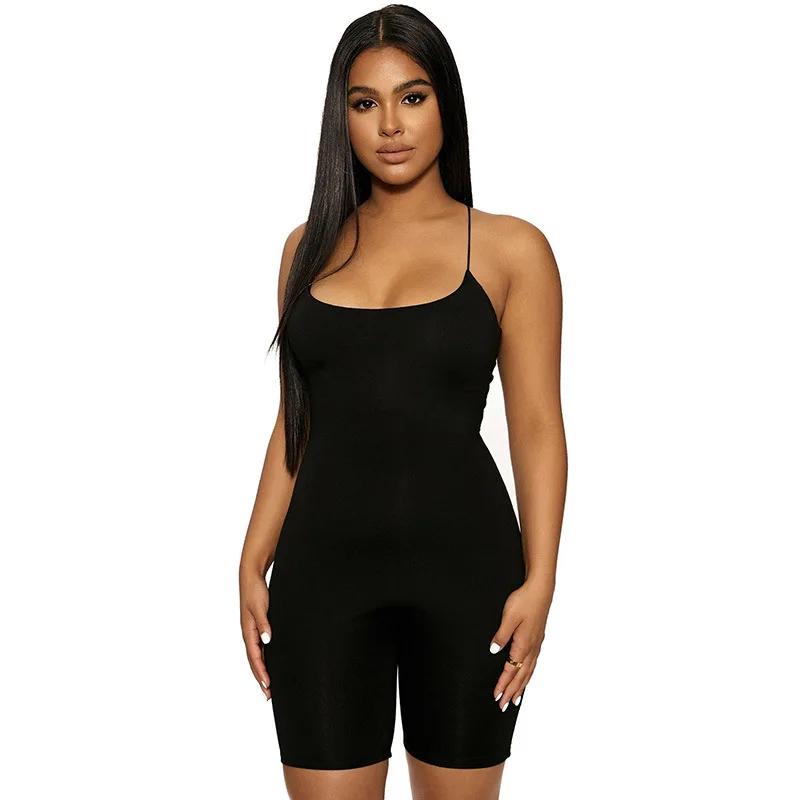 

Black Sleeveless Jumpsuit Sweatpants Shorts Sexy Backless Women Rompers Cross Strap Slim Rompers Streetwear Women Summer 2020