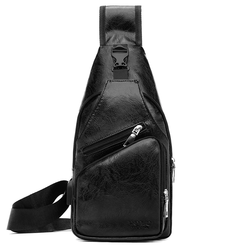 VICUNA POLO, кожаный повседневный комплект, серия, зарядка через usb, мужская сумка-мессенджер с кошельком, винтажная, с отверстием для наушников, противоугонная нагрудная сумка - Цвет: BLACK