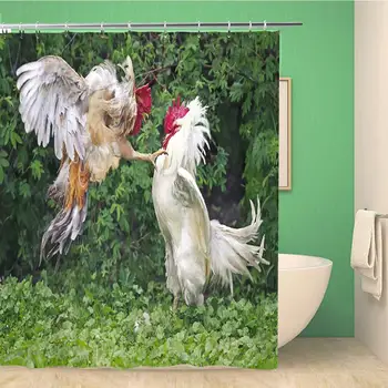 

Bathroom Shower Curtain Rooster Two Cocks White and Red Fight Farm Battle 60x72 inches Waterproof Bath Curtain Set with Hooks