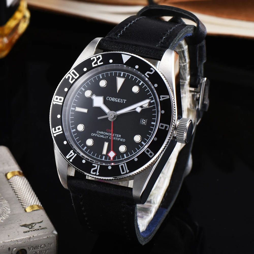 Corgeut 41 мм Мужские часы GMT Автоматическая черная рамка сапфировое стекло SS чехол водонепроницаемые светящиеся механические наручные часы с календарем