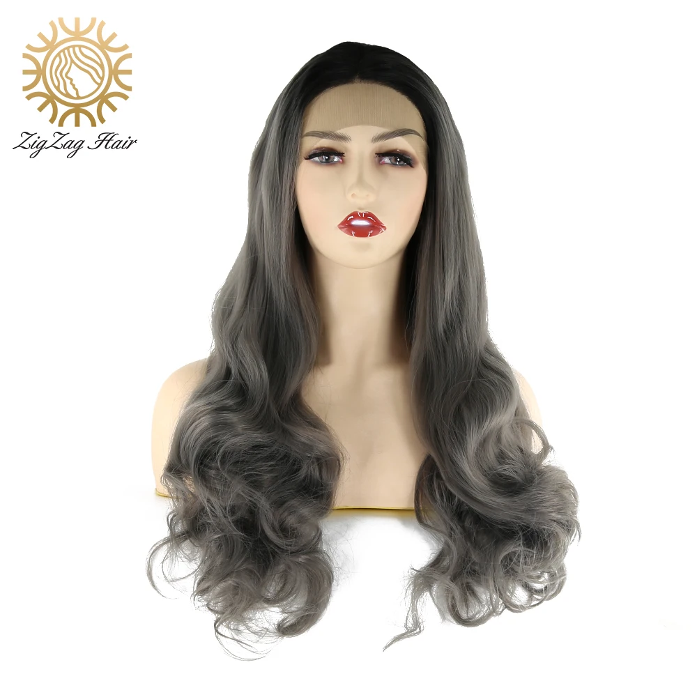 

ZigZag Gray Wig Black Ombre Dark Grey Long Body Wave Synthetic Lace Front Wigs for Black Women Middle Part Silky Glueless Wigs