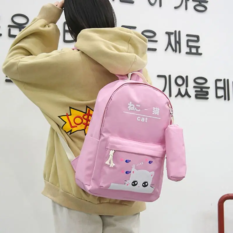 5pcs Adorable Cute Cat Print Canvas Women Girl Backpack Laptop Daypack Student School Shoulder Bag Bookbag Pencil Case Purse Set
