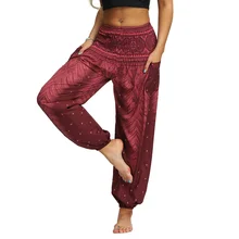 High Waist Long Pants Women Loose Thai Harem Trousers National Style Festival Hippy Smock  Small Boho Print Lantern Pants