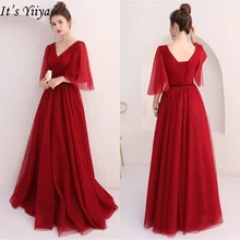Вечерние платья с половиной рукавов It's Yiiya, вечернее платье красное вино V-образным вырезом, длиной до пола, A-Line Модное вечернее платье, весна-лето,LX918