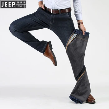 

JEEP SPIRIT Winter Denim Pants Men Business Casual Mid-waist Straight Jenas Men Thick Warm Fleece Windbreaker Trousers Men