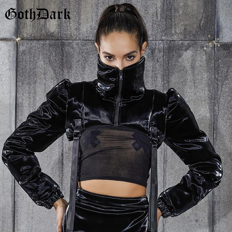 Женская укороченная куртка Goth Dark Черная с высоким воротником на молнии пряжкой в