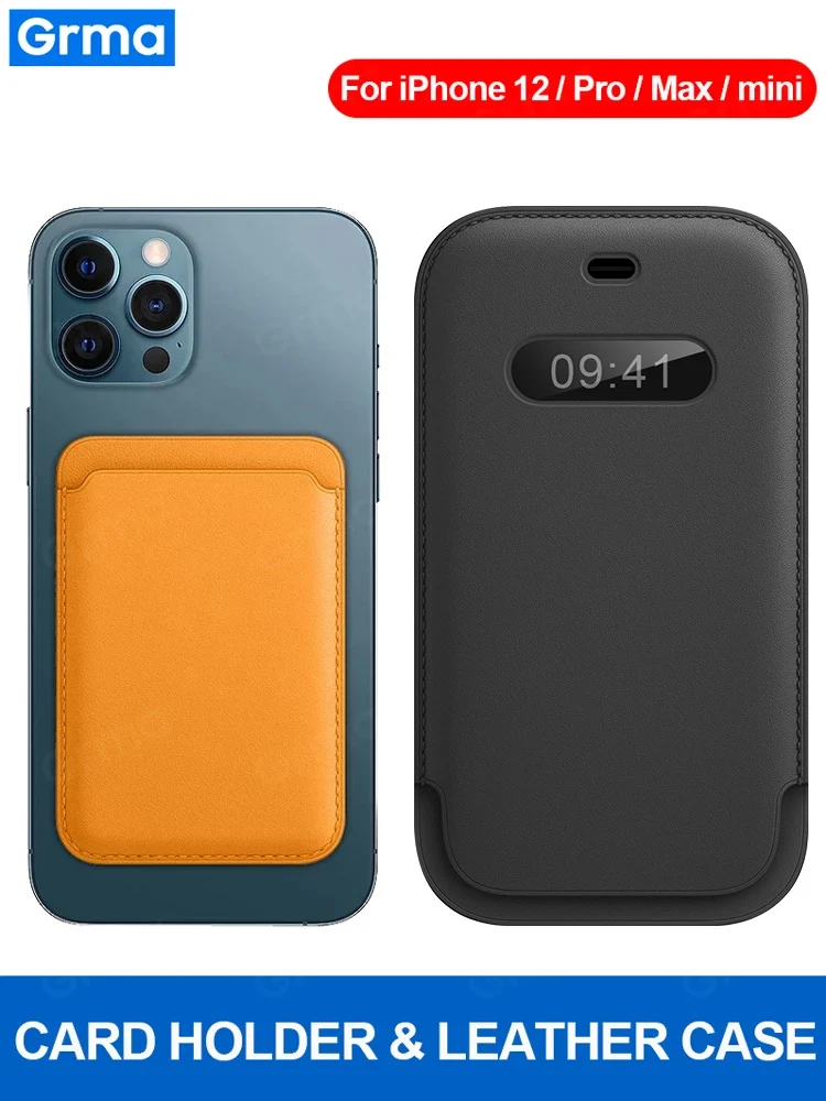 Grma New Original Genuine Leather Wallet for iPhone 12 Pro Max 12 Mini Mag Magnetic Safe Leather Sleeve Card Bag Phone Case