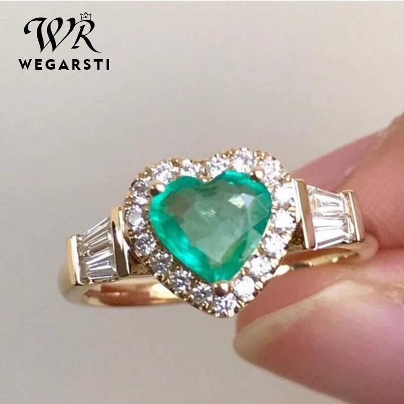 WEGARSTI 925 Sterling Silver Rings heart Created Nano Emerald Delicate For Women Gifts Classic Fine Jewelry