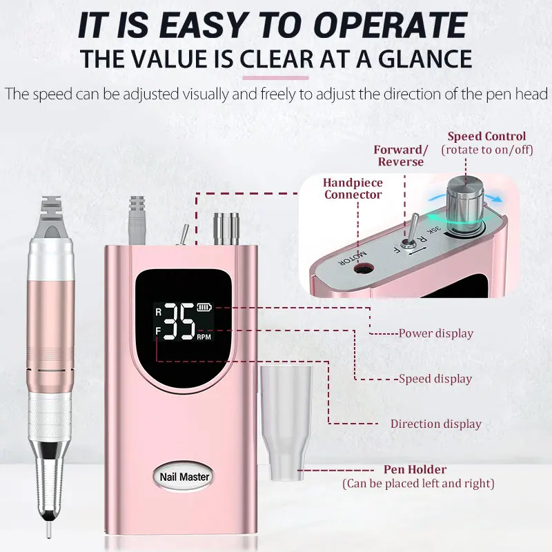 Nail Drill Handpiece 35000RPM Professional Electric Nail Sander for Manicure Pedicure Rechargeable Cordless Power Nail Drill Machine for Gel Remover