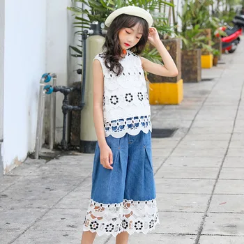 

YourSeason 2020 Summer Girls Hollow Out Jeans Clothing Cute Kids Vest and Patchwork Denim Pants Set Baby Girls Two Piece Suit