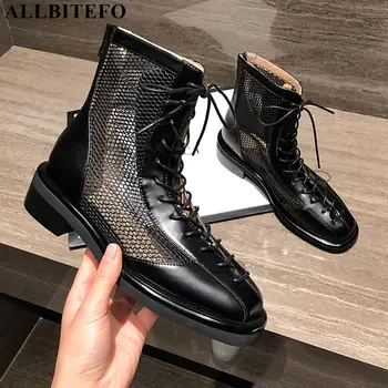 

ALLBITEFO genuine leather+mesh thick heel party women shoes women high heel shoes summer women sandals office ladies shoes