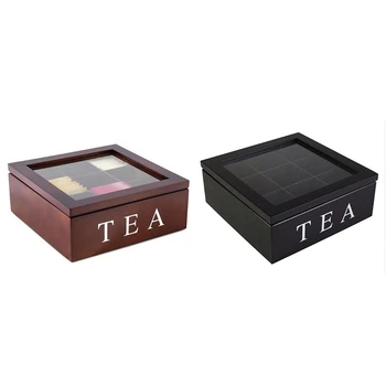 

Wooden 9 Grids Tea Box Tea Bags Container Storage Box Square Gift Box Case Transparent Top Lid Jewelry Storage Box