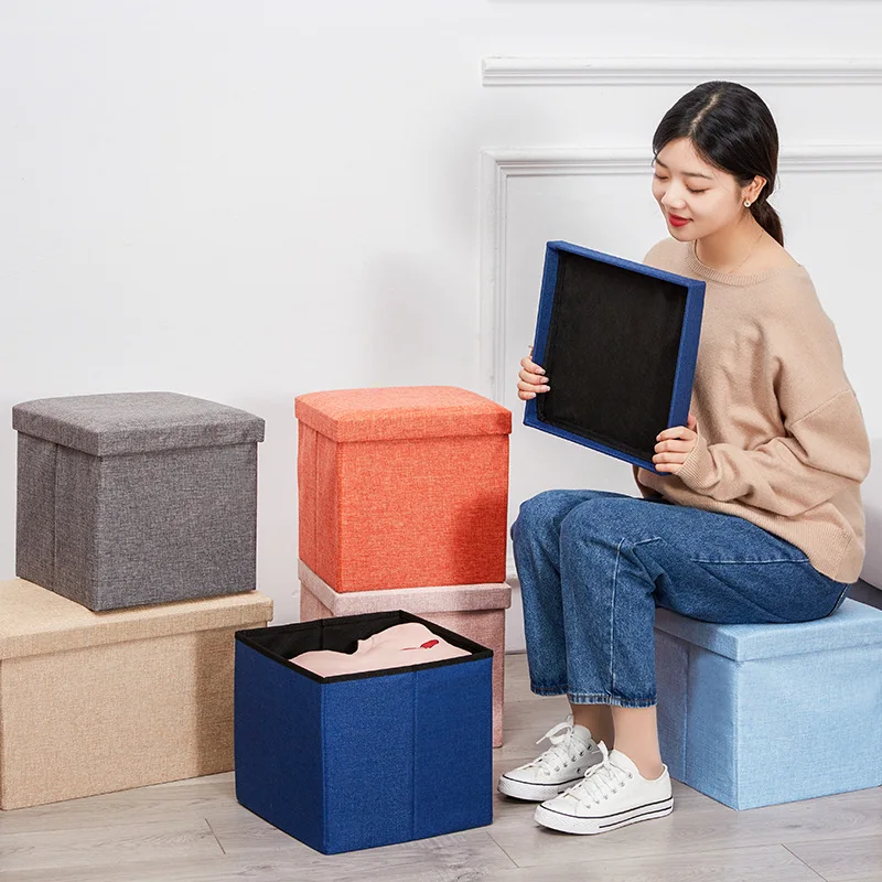 

Northern European-Style Fabric Multi-functional Storage Stool Box Cotton Linen Storage Box Foldable Footstool