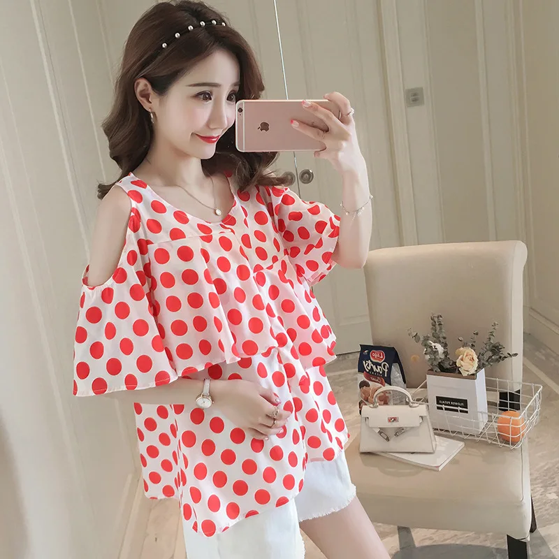 

Short-sleeved Top Pregnant Women Set Two-Piece Set off-Shoulder Polka Dot Tops Abdominal Support Jeans Two-Piece Set