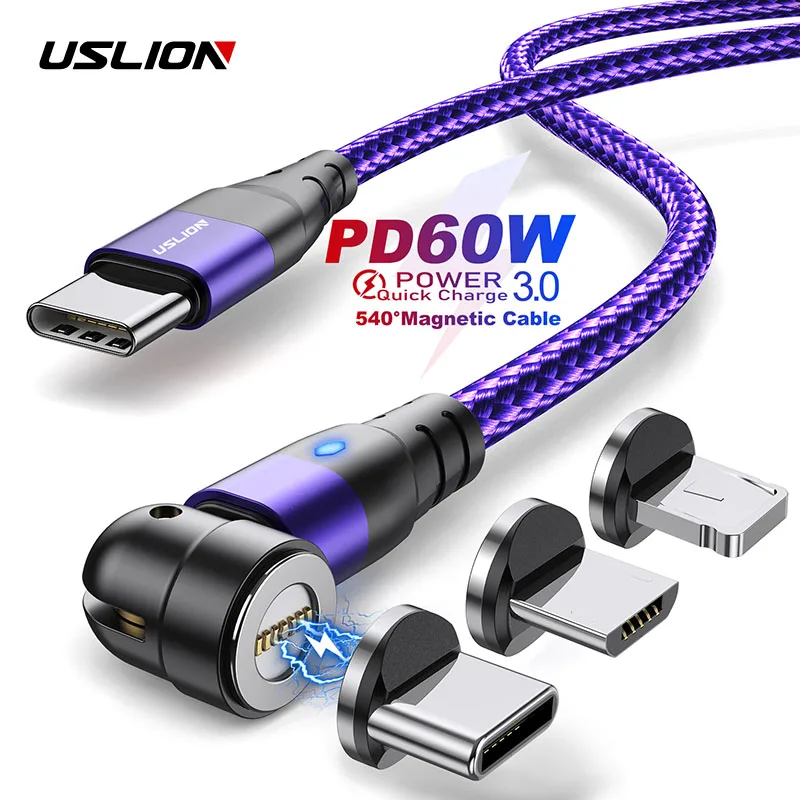Поворотный Магнитный кабель USLION PD 60 Вт 540 градусов быстрая зарядка USB C Micro Тип