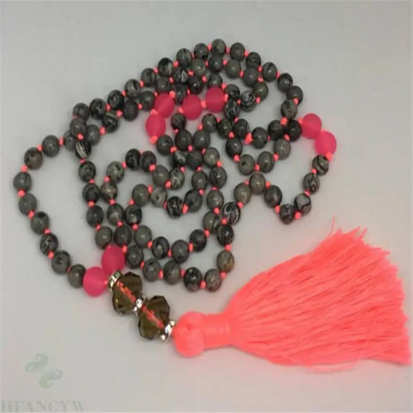 8mm Black Strip Stone Mala necklace 108 Beads Gemstone Tassel Meditation Reiki spirituality cuff Zazen Bless Handmade Healing