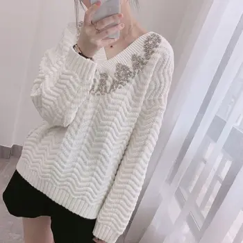 

Thick Twist Knit Sweater Women Oversized Wool Blend Sweater 2019 High Quality Beaded V Neck Loose Sweaters Pullover Lazy Jumpers