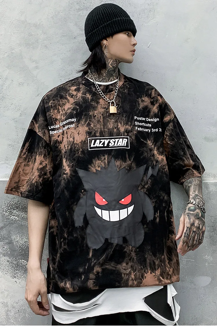 LENSTID Мужская футболка в стиле хип-хоп с принтом "Tie Dye Devil", уличная футболка большого размера, свободная футболка, летняя хлопковая футболка с коротким рукавом