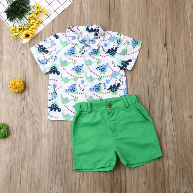 Одежда для маленьких мальчиков из 2 предметов г. Рубашка с короткими рукавами и принтом динозавра топ+ штаны, шорты пляжная одежда, летняя одежда