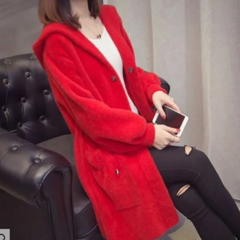 

Women 2020 New Autumn Winter Imitation Water Velvet Outwear Thicken Hooded Loose Long Paragraph Mink Sweater Coat Women