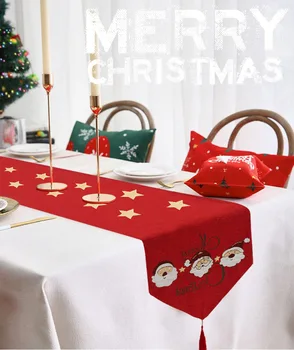 

1 Piece Red Christmas Table Runner Pattern Cotton Linen European Embroidered Santa Christmas fawn with christmas tree Table Runn