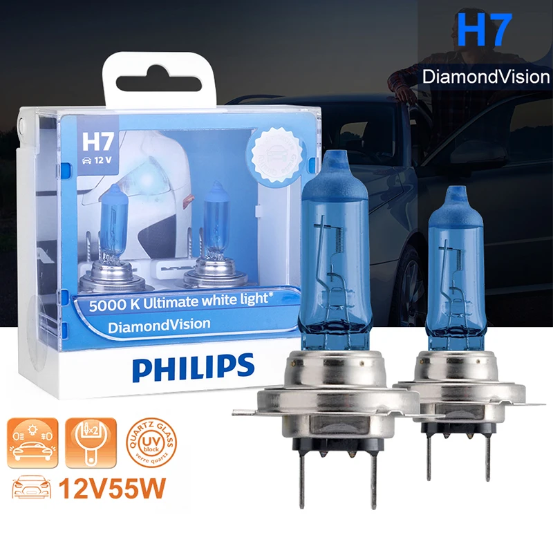

Philips h7 halogen 55W 12V Diamond Vision 5000K Ultimate White Light auto lamp H7 Headlight Original Car Accessories 2PCS