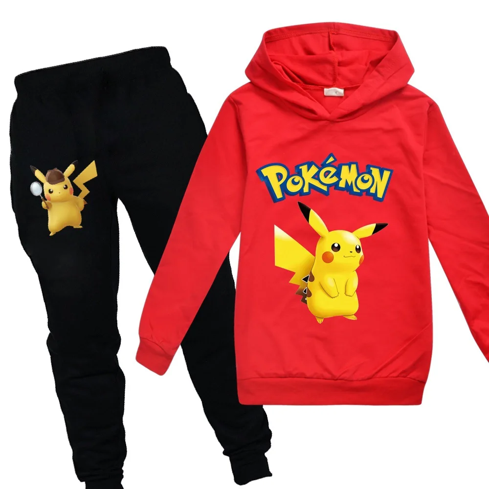 Детская одежда для мальчиков и девочек с принтом «POKEMON GO», «Detective Pikachu»; осенний свитер; комплект из 2 предметов; хлопковая Спортивная толстовка с длинными рукавами и рисунком; комплект с футболкой